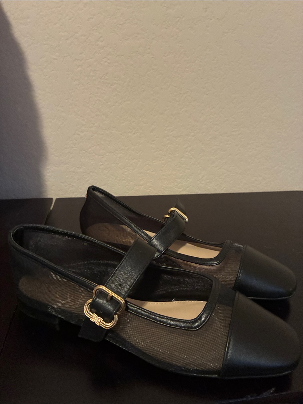 Sam Edelman Black Mesh & Leather Mary Janes with Gold Buckle